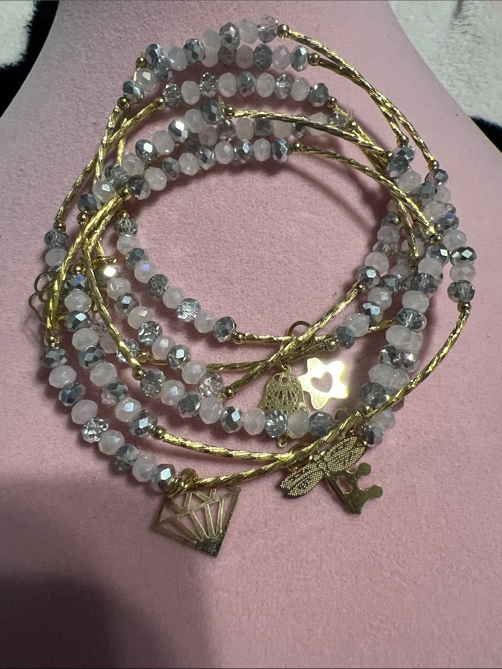 Gold & pink Beaded Charm Wrap Bracelet